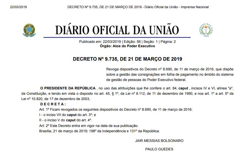 decreto 9735 desconto sindical em folha servidor