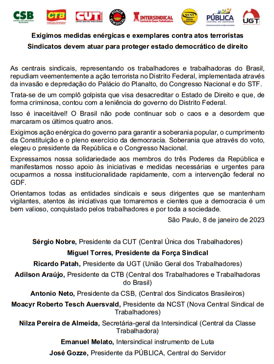 nota centrais terror bolsonarista