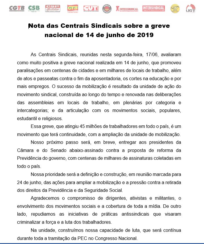 nota das centrais greve geral 14 de junho